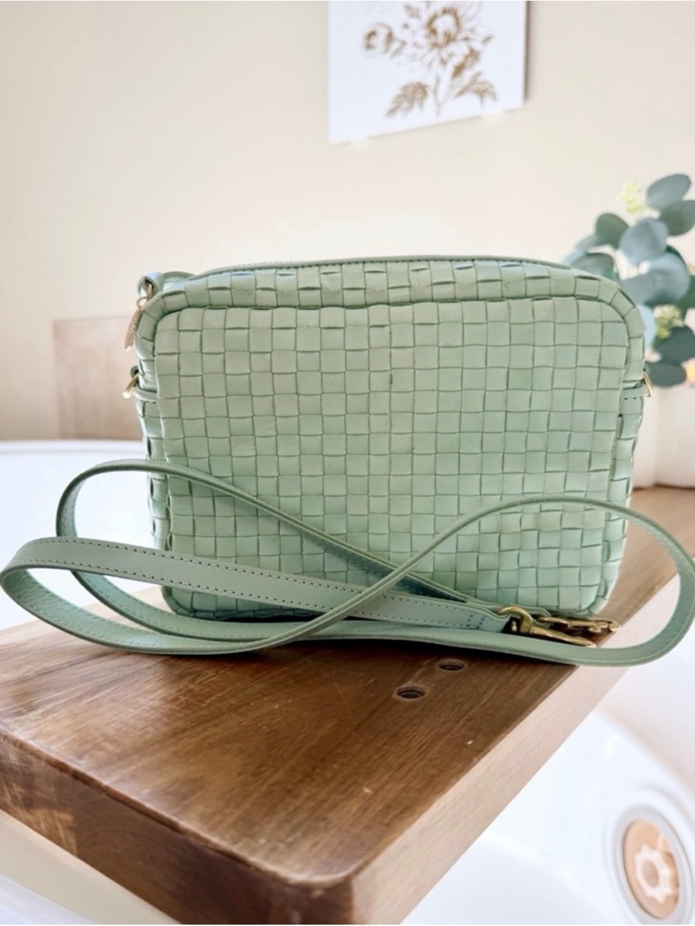 Clare V Midi Sac crossbody leather bag- Mist Woven Checker $375